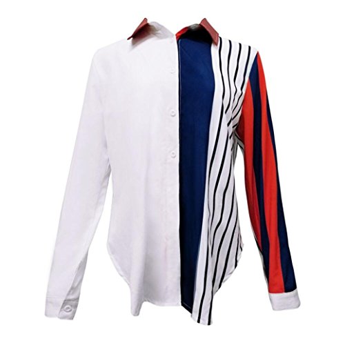 SHOBDW Moda para Mujer Otoño Patchwork de Manga Larga Color botón a Rayas Casual Camisetas Tops Blusa(Blanco,XL)