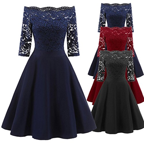 SHOBDW Mujer Nueva Vintage Encaje Patchwork de Hombro Fiesta de Cóctel Retro Swing Vestido (Negro, XL)