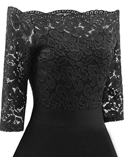SHOBDW Mujer Nueva Vintage Encaje Patchwork de Hombro Fiesta de Cóctel Retro Swing Vestido (Negro, XL)