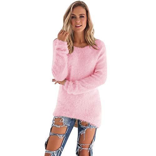 SHOBDW Mujer Suéter para Mujer Cuello Redondo Cárdigan Ocasional Sólido Suelto Otoño Invierno Tops de Manga Larga Cálido Prendas de Punto Jersey Jerséis Blusa Abrigo Vestido(Rosa,L)