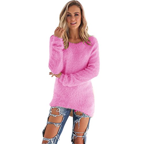 SHOBDW Mujer Suéter para Mujer Cuello Redondo Cárdigan Ocasional Sólido Suelto Otoño Invierno Tops de Manga Larga Cálido Prendas de Punto Jersey Jerséis Blusa Abrigo Vestido(Rosa Caliente,XL)