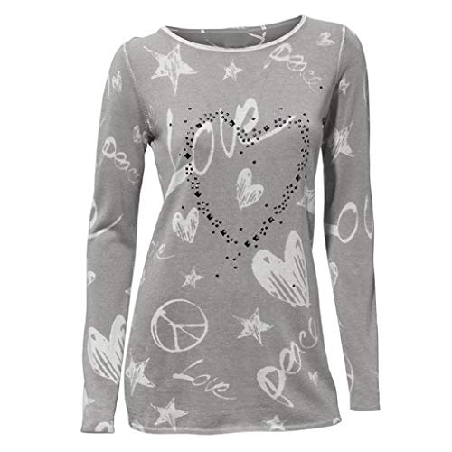 SHOBDW Mujeres Camiseta de Manga Larga con Cuello Redondo y Camisa Impresa Moda Casual Primavera Otoño Blusa Algodón Suelto Tops Sudadera Pullover Camiseta Elegante(Gris,M)