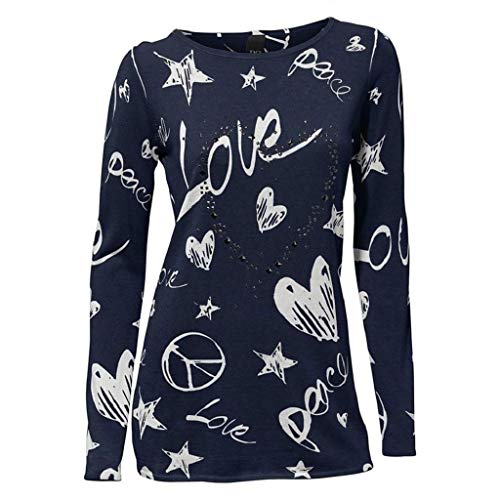 SHOBDW Mujeres Camiseta de Manga Larga con Cuello Redondo y Camisa Impresa Moda Casual Primavera Otoño Blusa Algodón Suelto Tops Sudadera Pullover Camiseta Elegante(Armada,XXL)