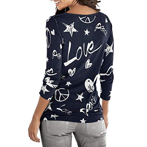 SHOBDW Mujeres Camiseta de Manga Larga con Cuello Redondo y Camisa Impresa Moda Casual Primavera Otoño Blusa Algodón Suelto Tops Sudadera Pullover Camiseta Elegante(Armada,XL)