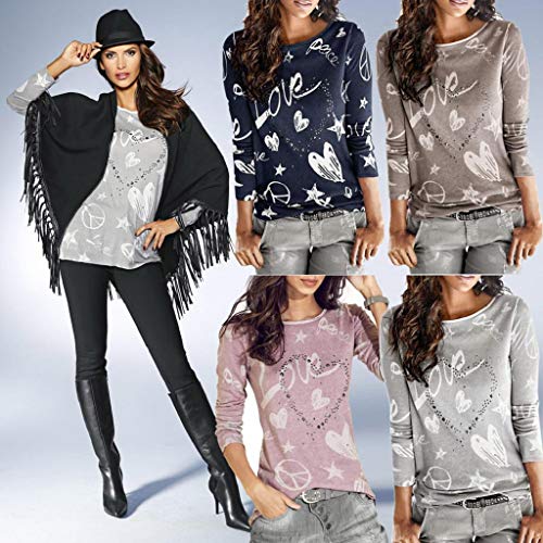 SHOBDW Mujeres Camiseta de Manga Larga con Cuello Redondo y Camisa Impresa Moda Casual Primavera Otoño Blusa Algodón Suelto Tops Sudadera Pullover Camiseta Elegante(Armada,XL)