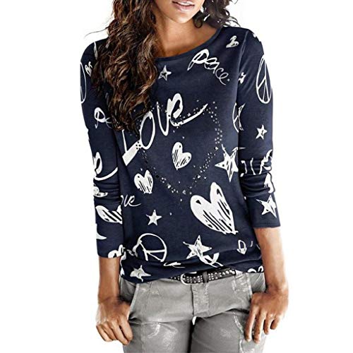 SHOBDW Mujeres Camiseta de Manga Larga con Cuello Redondo y Camisa Impresa Moda Casual Primavera Otoño Blusa Algodón Suelto Tops Sudadera Pullover Camiseta Elegante(Armada,XL)