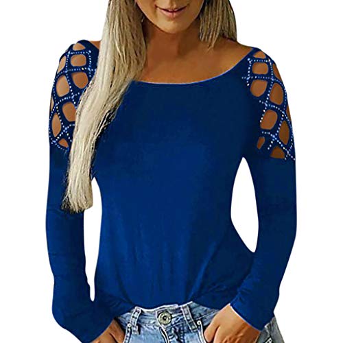 SHOBDW Mujeres Camisetas de Manga Larga Tallas Grandes Cuello en V sólido Camisa de Manga Larga Moda Casual Primavera Otoño Blusa Blusas Sueltas Diseño Cruzado Delantero Camiseta (Small, T-Azul)