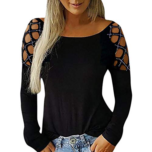 SHOBDW Mujeres Camisetas de Manga Larga Tallas Grandes Cuello en V sólido Camisa de Manga Larga Moda Casual Primavera Otoño Blusa Blusas Sueltas Diseño Cruzado Delantero Camiseta(Negro,M)