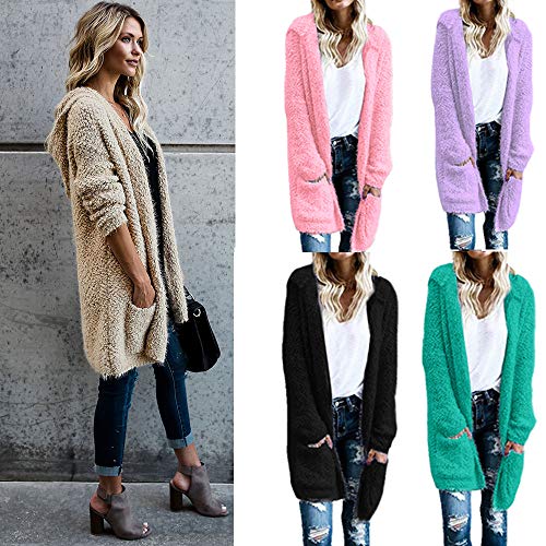 SHOBDW Mujeres Chaqueta de Lana con Capucha Punto Cardigan de Manga Larga Suéteres Ropa de Abrigo con Bolsillo Chaqueta de señoras Abrigos de Invierno(Caqui,S)