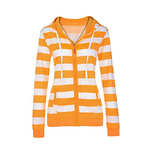 SHOBDW Mujeres Cremallera Camisetas de Manga Larga Sudadera con Capucha a Rayas Abrigos de Invierno Chaqueta de Mujer Casual Jerséis Delgados Outwear (Amarillo,L)