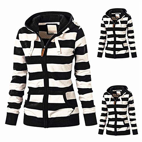 SHOBDW Mujeres Cremallera Camisetas de Manga Larga Sudadera con Capucha a Rayas Abrigos de Invierno Chaqueta de Mujer Casual Jerséis Delgados Outwear (Negro,4XL)