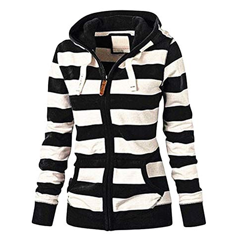 SHOBDW Mujeres Cremallera Camisetas de Manga Larga Sudadera con Capucha a Rayas Abrigos de Invierno Chaqueta de Mujer Casual Jerséis Delgados Outwear (Negro,4XL)