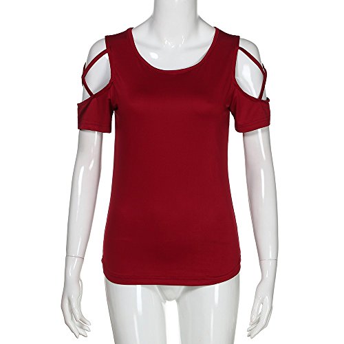 SHOBDW Mujeres de Manga Larga sólido más el tamaño de Encaje Blusa Casual Tops Sueltas Camiseta (Rojo, M)