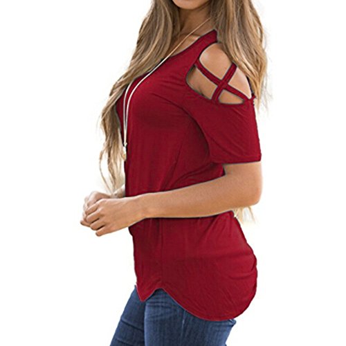 SHOBDW Mujeres de Manga Larga sólido más el tamaño de Encaje Blusa Casual Tops Sueltas Camiseta (Rojo, M)