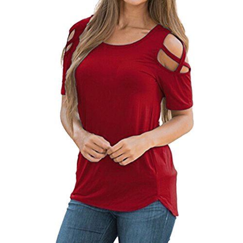 SHOBDW Mujeres de Manga Larga sólido más el tamaño de Encaje Blusa Casual Tops Sueltas Camiseta (Rojo, M)