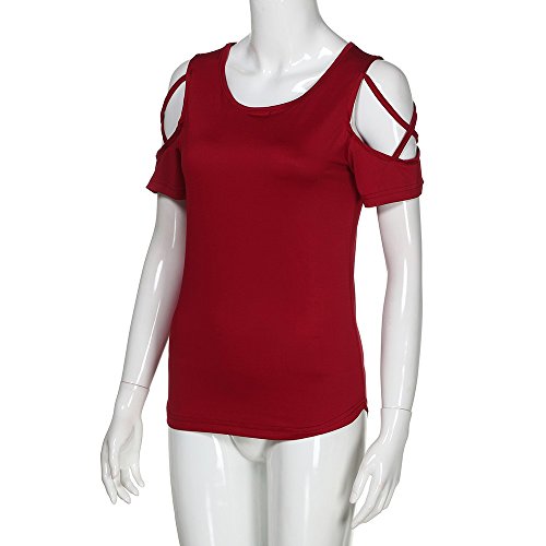 SHOBDW Mujeres de Manga Larga sólido más el tamaño de Encaje Blusa Casual Tops Sueltas Camiseta (Rojo, M)