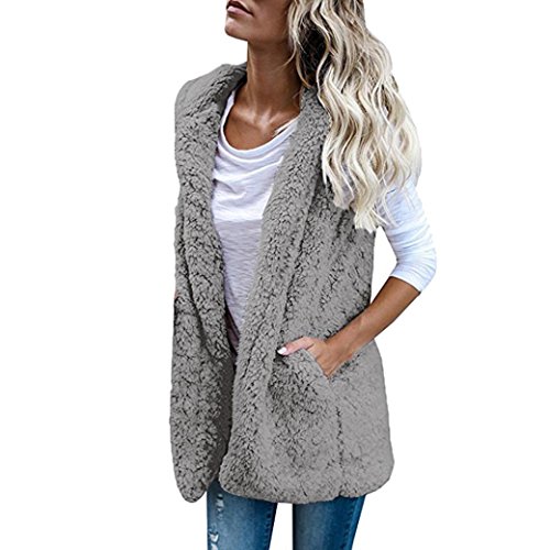 SHOBDW Mujeres Invierno cálido Chaleco Piel sintética Zip hasta Sherpa Chaqueta Sudadera con Capucha Ropa Casual Abrigo (Gris, M)