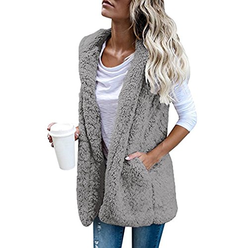 SHOBDW Mujeres Invierno cálido Chaleco Piel sintética Zip hasta Sherpa Chaqueta Sudadera con Capucha Ropa Casual Abrigo (Gris, M)