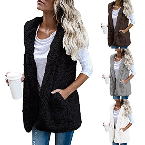 SHOBDW Mujeres Invierno cálido Chaleco Piel sintética Zip hasta Sherpa Chaqueta Sudadera con Capucha Ropa Casual Abrigo (Negro, L)