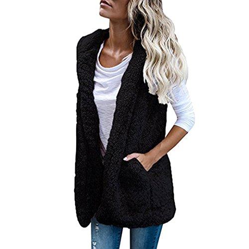 SHOBDW Mujeres Invierno cálido Chaleco Piel sintética Zip hasta Sherpa Chaqueta Sudadera con Capucha Ropa Casual Abrigo (Negro, L)