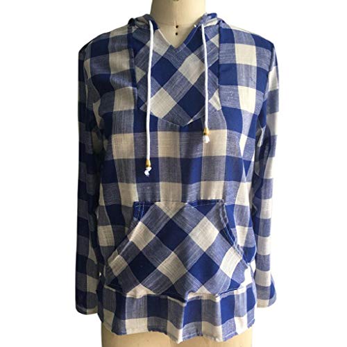 SHOBDW Mujeres Moda Primavera Otoño Sudadera Pullover Camiseta A Cuadros Estampado con Capucha Oversized Talla Grande Cuello Pico Tops Manga Larga Bolsillo Blusa Camiseta(Azul,S)