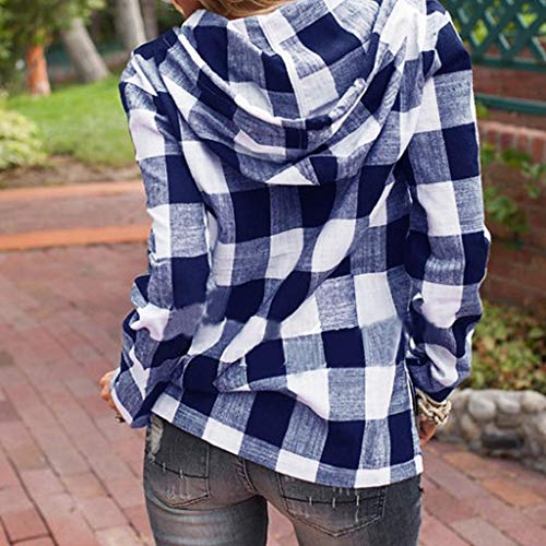 SHOBDW Mujeres Moda Primavera Otoño Sudadera Pullover Camiseta A Cuadros Estampado con Capucha Oversized Talla Grande Cuello Pico Tops Manga Larga Bolsillo Blusa Camiseta(Azul,S)