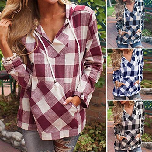 SHOBDW Mujeres Moda Primavera Otoño Sudadera Pullover Camiseta A Cuadros Estampado con Capucha Oversized Talla Grande Cuello Pico Tops Manga Larga Bolsillo Blusa Camiseta(Azul,S)