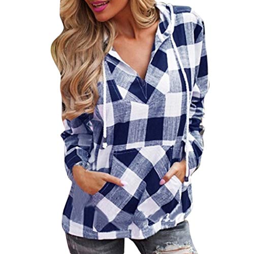 SHOBDW Mujeres Moda Primavera Otoño Sudadera Pullover Camiseta A Cuadros Estampado con Capucha Oversized Talla Grande Cuello Pico Tops Manga Larga Bolsillo Blusa Camiseta(Azul,S)
