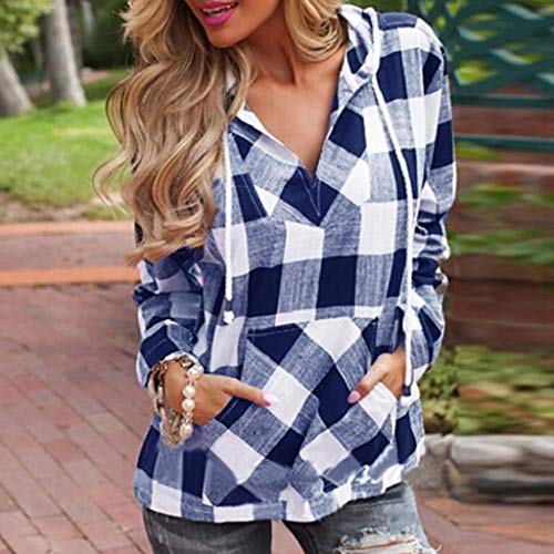 SHOBDW Mujeres Moda Primavera Otoño Sudadera Pullover Camiseta A Cuadros Estampado con Capucha Oversized Talla Grande Cuello Pico Tops Manga Larga Bolsillo Blusa Camiseta(Azul,S)