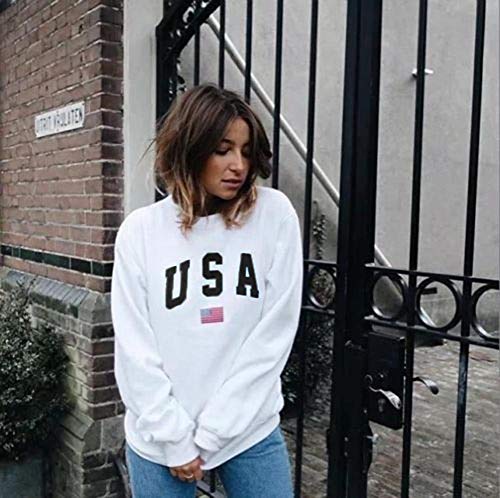 SHOBDW Otoño Mujer O-Cuello USA Carta Imprimir Elegante Moda Soft Fleece Jumper Pullover Tops Blusa Manga Larga Sudadera(Blanco,M)