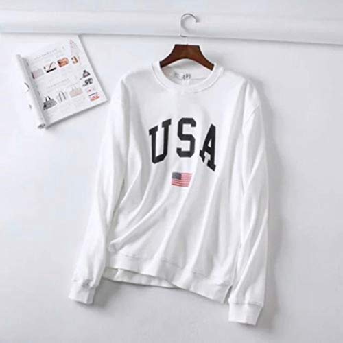 SHOBDW Otoño Mujer O-Cuello USA Carta Imprimir Elegante Moda Soft Fleece Jumper Pullover Tops Blusa Manga Larga Sudadera(Blanco,M)