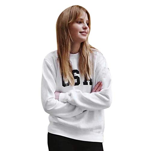 SHOBDW Otoño Mujer O-Cuello USA Carta Imprimir Elegante Moda Soft Fleece Jumper Pullover Tops Blusa Manga Larga Sudadera(Blanco,M)