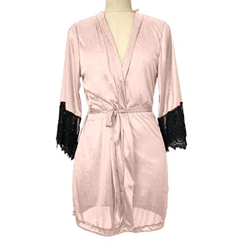 SHOBDW Ropa de Dormir Mujeres Babydolls Conjunto De Lencería Sexy Ropa De Dormir Sólido Satinado De Seda Kimono Vestirse Suave Cordón De La Correa De Las Señoras Mantón Bata De Baño (Beige,S)