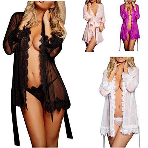 SHOBDW Ropa de Dormir Mujeres Babydolls Conjunto De LenceríA Sexy Ropa Interior Negra para Mujer Chal Albornoz Ligero De Encaje Vestido De Bata De Dormir Ropa De Dormir+Tanga(Negro,XL)