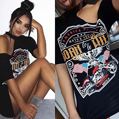 SHOBDW Separación！La Vendimia de Las Mujeres del Hombro Estilo Rock Camiseta Larga Camiseta Mini Vestido (Negro, M)