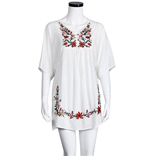 SHOBDW Vestido de Mujer Blusa Hippie Pessant de etnia Mexicana Bordada Gitana Mini Vestido (Blanco, M)