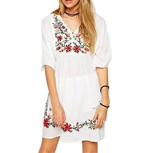 SHOBDW Vestido de Mujer Blusa Hippie Pessant de etnia Mexicana Bordada Gitana Mini Vestido (Blanco, M)
