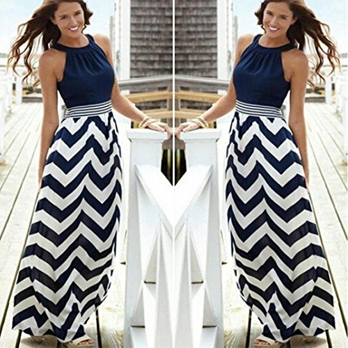 SHOBDW Vestido sin Mangas Largo a Rayas Mujeres Boho sin Mangas Señora O-Cuello Beach Sundrss Maxi Vestido de Verano (S, Azul-2)