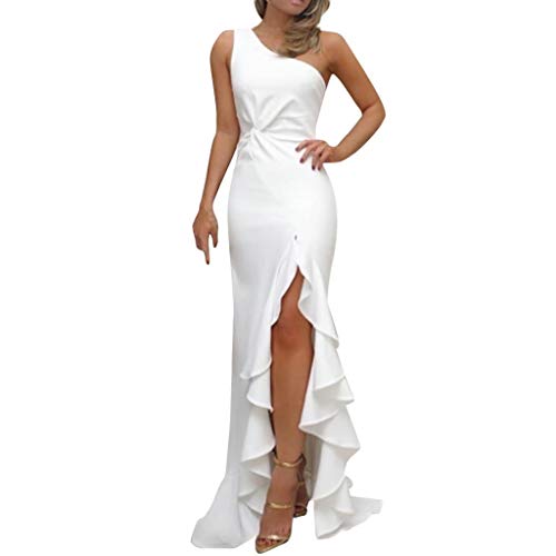 SHOBDW Vestidos Mujer Día De San Valentín Presente SóLido Un Hombro Vestido De Fiesta De Noche Formal Elegante con Pliegues Altos con Volantes De Hendidura Elegante Maxi Vestidos Largos(Blanco,M)