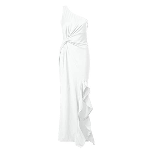 SHOBDW Vestidos Mujer Día De San Valentín Presente SóLido Un Hombro Vestido De Fiesta De Noche Formal Elegante con Pliegues Altos con Volantes De Hendidura Elegante Maxi Vestidos Largos(Blanco,L)