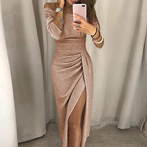 SHOBDW Vestidos Mujer Hombro Sólido Delgado Atractivo de Alta Hendidura Bodycon Lápiz Vintage Tallas Grandes de Manga Larga para Mujer Fiesta de Noche Vestidos de cóctel