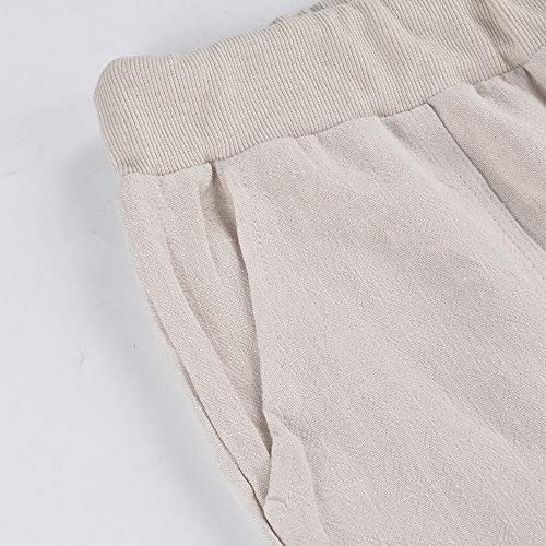 Shujin Pantalones de verano de algodón para mujer, ligeros, cómodos, sueltos, de un solo color, para correr, con cordón beige L