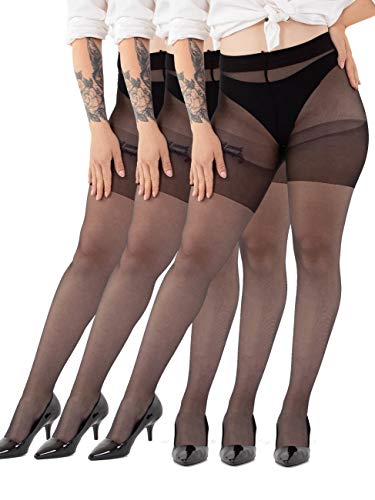 Sibinulo Pantimedias para Mujer 3 pares 20 den Medias de Control de Talla Grande Lycra Extra Elástico Profundo Negro XXL
