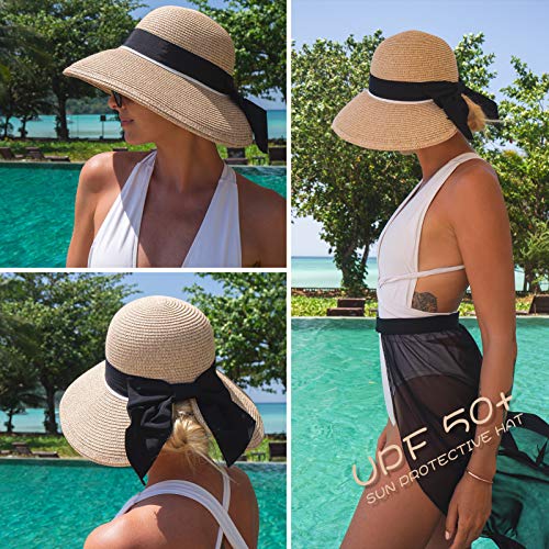 SIGGI Mujeres Sombrero De Paja ala Ancha Sol Upf50 UV Gorra Playa Plegable Moda para Chica Beige
