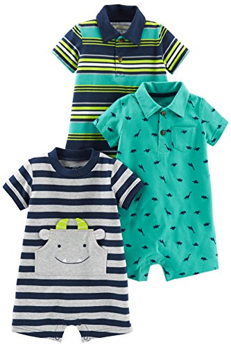Simple Joys by Carter's Baby Boys paquete de 3 peleles. ,Blue Stripe/Turquoise Dino/Gray Navy ,6-9 Months