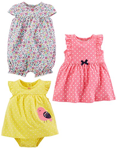 Simple Joys by Carter's Baby Girls paquete de 3 pelele, traje de sol y vestido ,Pink Dot/Floral/Yellow Bird ,3-6 Months