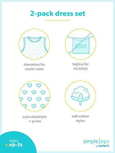 Simple Joys by Carter's Conjunto de 2 vestidos de manga corta y sin mangas para bebés y niñas ,Navy Dot/Mint Bird ,24 Months
