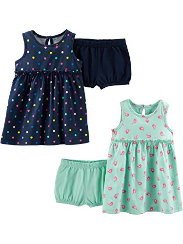 Simple Joys by Carter's Conjunto de 2 vestidos de manga corta y sin mangas para bebés y niñas ,Navy Dot/Mint Bird ,24 Months
