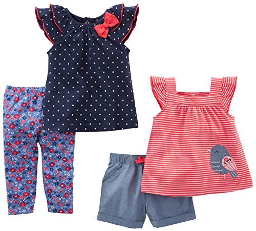 Simple Joys by Carter's - Juego de ropa de juego para niñas (4 piezas) ,Navy Dot/Red Stripe Bird ,3-6 Months