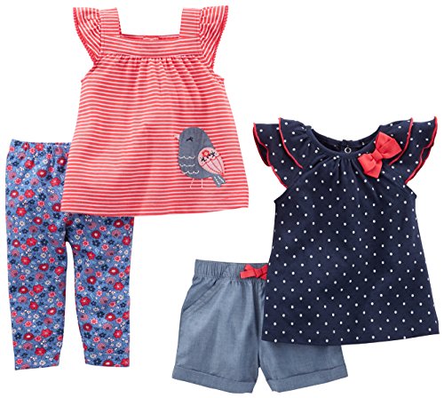 Simple Joys by Carter's - Juego de ropa de juego para niñas (4 piezas) ,Navy Dot/Red Stripe Bird ,3-6 Months